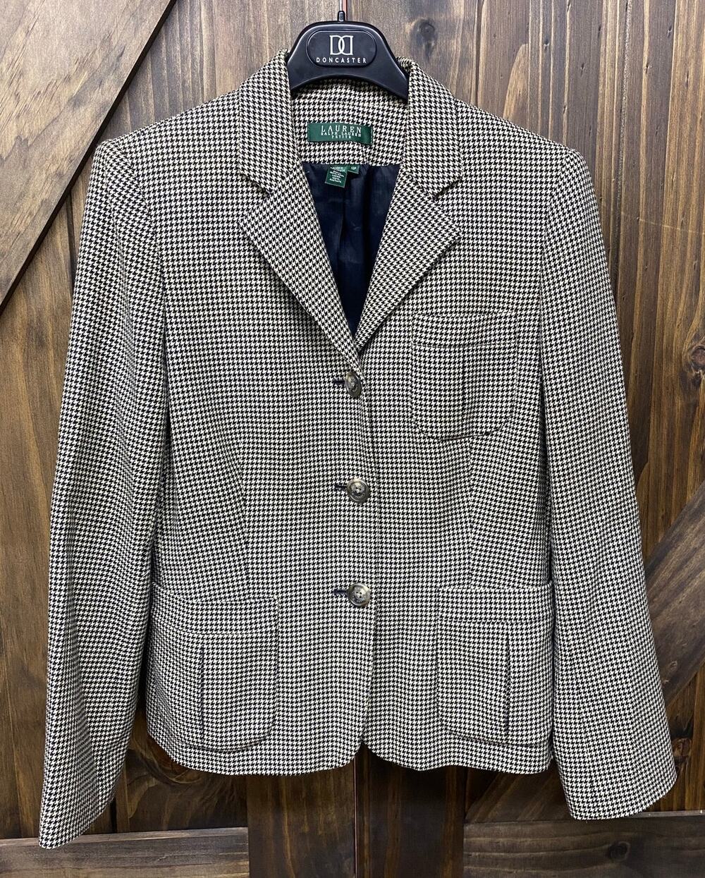 VTG Women Lauren Ralph Lauren equestrian 3-button houndstooth wool blazer, 10P